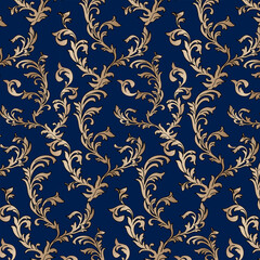 Obraz premium Golden ornament in oriental style on a blue background.Vector vintage seamless floral ornament on blue background.