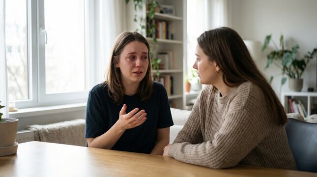 Young woman crying and sharing problems with friend at home, emotional support and empathy concept, female friendship and mental health talking