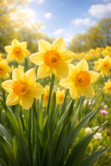 Obraz premium Bright yellow daffodils blooming in a spring meadow under a sunny blue sky