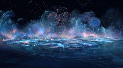 Abstract illustration of fireworks and a glowing landscape at night time