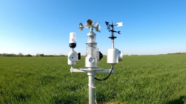 Scientific weather monitoring station equipment installed outdoors in a vibrant green agricultural field under a clear blue sky