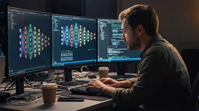 A programmer meticulously codes on his computer, the screens displaying lines of code and diagrams, a cup of coffee nearby