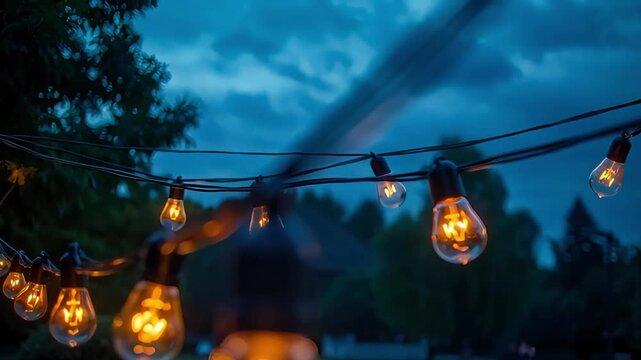 garland of retro edison light bulbs glows with warm orange light against the background of the evening blue sky in the garden soft blurring of the background creates a romantic mood