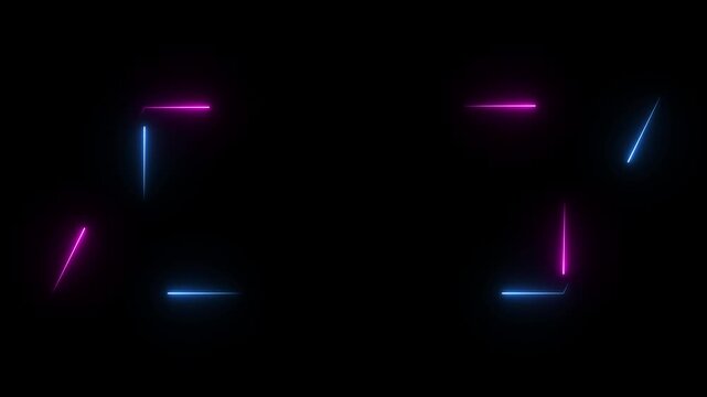 Abstract black background featuring a glowing  neon rectangular frame with luminous lines. Futuristic neon .