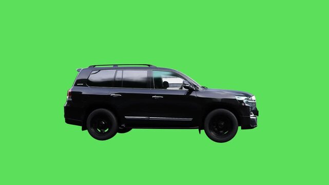 Luxury black suv driving fast. realistic dynamic reflections on the car body. 4K green screen isolate.