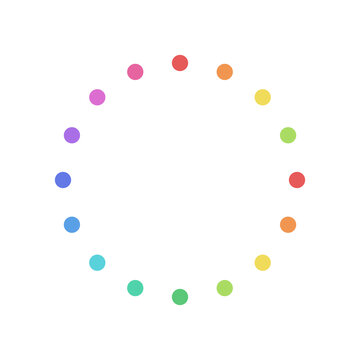 Loading spinner icon. 16-dot micro circular progress indicator. Soft rainbow. Isolated on transparent background.