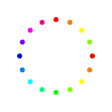 Loading spinner icon. 16-dot micro circular progress indicator. Vibrant rainbow. Isolated on transparent background.