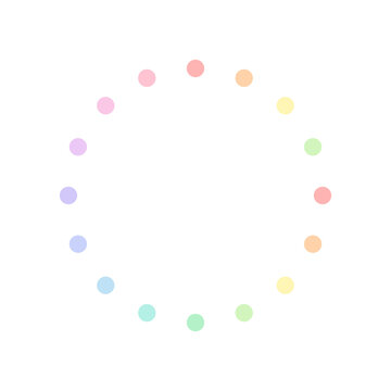 Loading spinner icon. 16-dot micro circular progress indicator. Pastel rainbow. Isolated on transparent background.