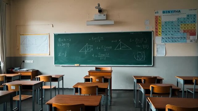 modern classroom with desks and green chalkboard with geometry formulas and periodic table of elements in chinese