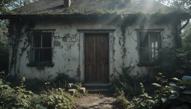  "Old abandoned house with a rustic cracked wooden door, weathered walls with peeling paint, broken windows, overgrown plants around the structure, subtle sunlight casting soft shadows, cinematic mood