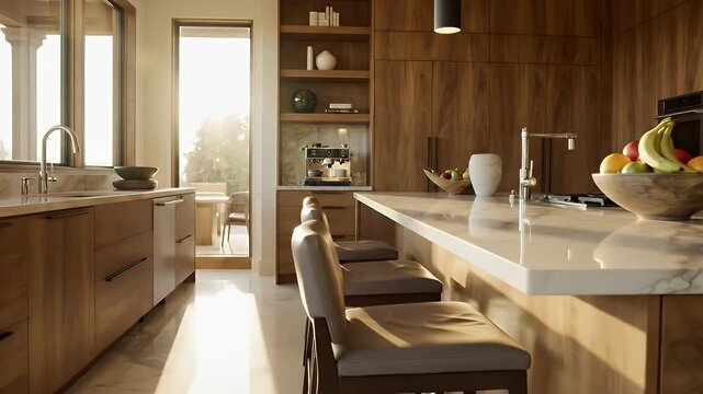 Bright modern rustic kitchen with a large wooden island and bar stools for casual dining