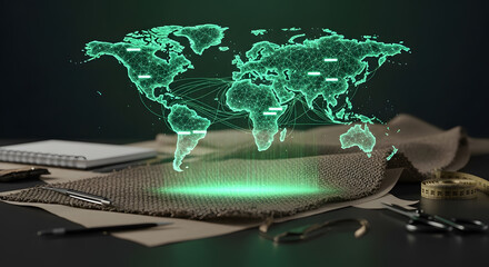 Global Network Connection World Map Hologram Green Digital Data Information Technology Communication Fabric Background Science Research