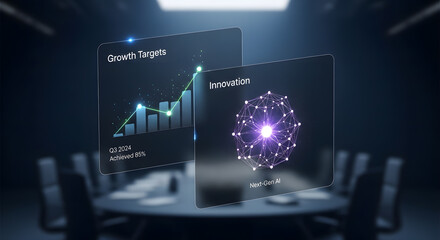 Business Boardroom Screen Growth Target Innovation Graph Chart Future Technology Intelligence Meeting Room Corporate Strategy Development