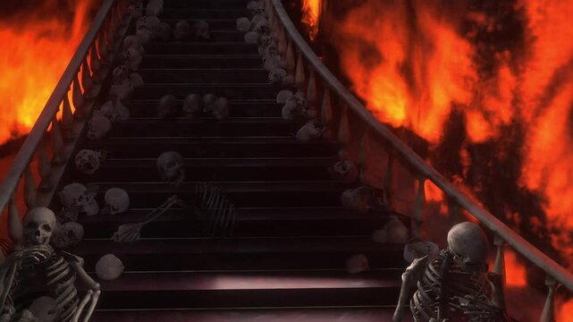 Hell gates. Road to hell fire. Devil portal. Sinner. Religious concept. Realistic 4k animation.