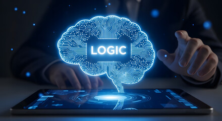 Digital human brain logic circuit board light icon person hand tablet computer technology networking artificial intelligence