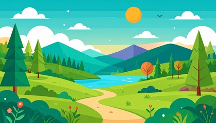 Obraz premium Scenic mountain landscape with river, sunset, trees, and hot air balloons in vibrant nature illustration