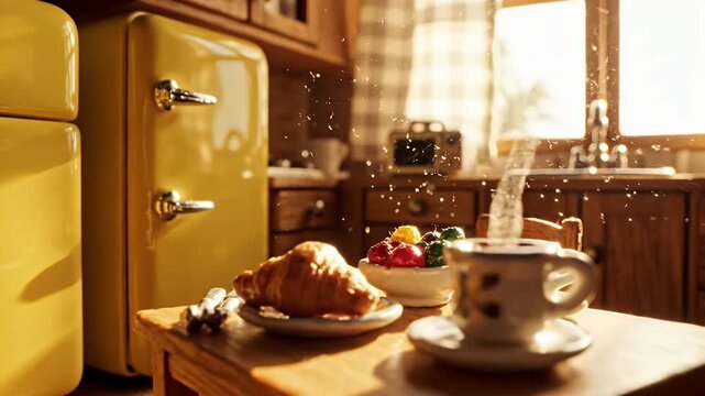 Bright sunlit retro kitchen featuring yellow appliances, gingham curtains, and a cozy tea setting