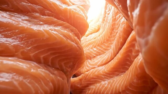 Close up view of fresh raw salmon fillets showing texture and light, a food landscape perspective for culinary visuals