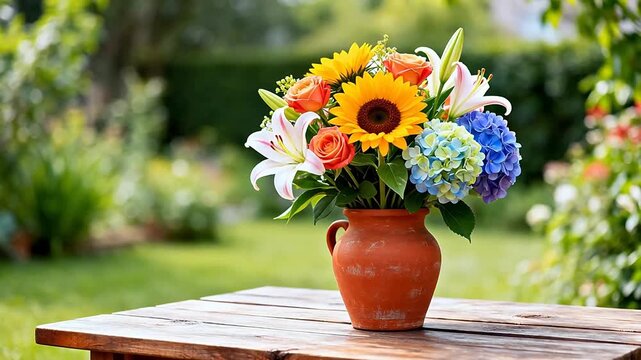 Flower arrangement in clay pot on wooden table