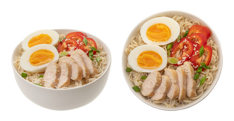 Chicken ramen noodle bowl with soft boiled egg and vegetables isolated on white