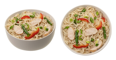 Chicken ramen bowl with vegetables and noodles isolated on white background