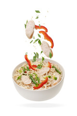 Chicken ramen bowl with vegetables and noodles isolated on white background