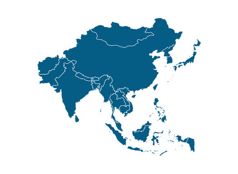Asia map continent geography countries. Political borders blue silhouette isolated Asia map background regional east south