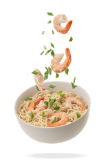 Shrimp noodle bowl with scallions isolated on white background, top view