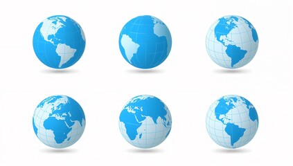 Collection of clean 3D blue globe icons showing different continents isolated on white background