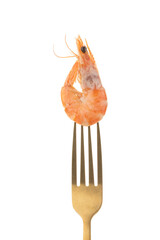 Cooked shrimp on golden fork isolated on white background