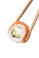 Salmon sushi roll with cream cheese and avocado isolated on white background
