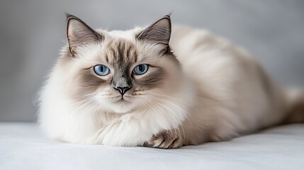 Obraz premium Charming and Fluffy Ragdoll Cat with Striking Blue Eyes Posing Elegantly on a Soft Grey Background.