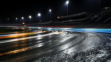 Night illuminated racing track asphalt surface turn on motion blur