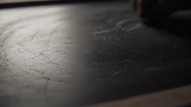 Close-up of a scratched black desk surface with fine lines and subtle reflections across the scene