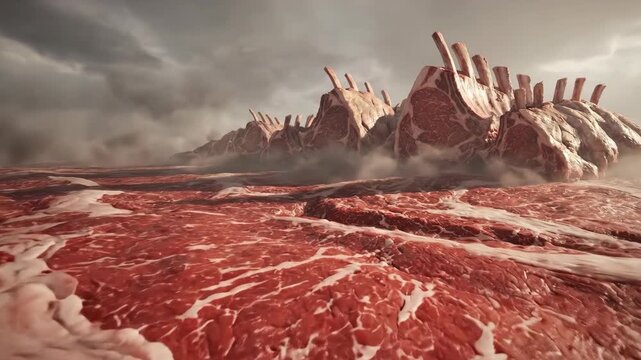 Meat landscape with rib mountains under a stormy sky, a surreal food art concept illustrating a culinary world
