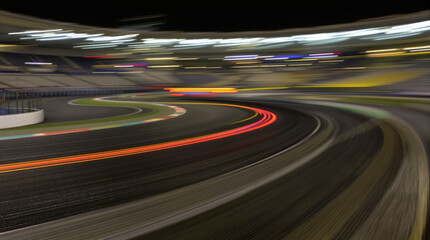 Night illuminated racing track asphalt surface turn on motion blur