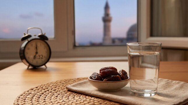 Glass of water and dates on table for breaking fast.