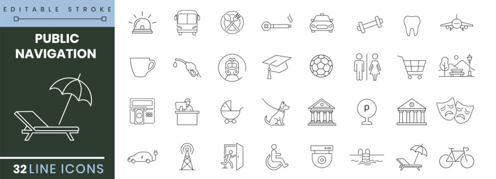 Public navigation line icons set for city wayfinding and urban services transportation signage