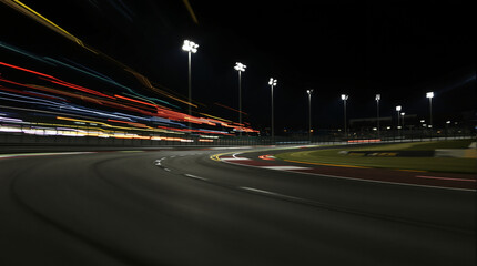 Night illuminated racing track asphalt surface turn on motion blur