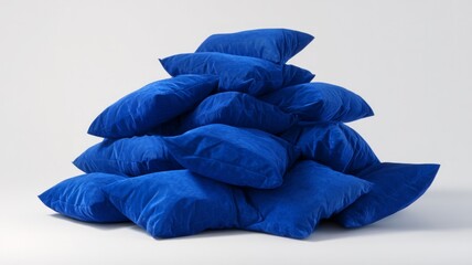 Stack of blue cushions on white background. AI generated
