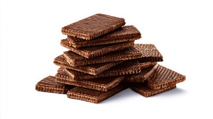 Stack of chocolate wafers on white background. AI generated