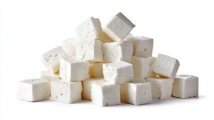 Stack of feta cheese cubes on white background. AI generated