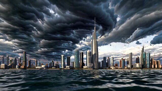 Illustration of futuristic coastal city skyline under massive dark storm clouds with choppy water skyscrapers and dramatic weather atmosphere over modern urban architecture and waterfront skyline