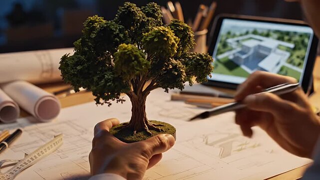 Close-up of hands shaping a tiny bonsai tree on a drafting desk with rolled blueprints and a laptop