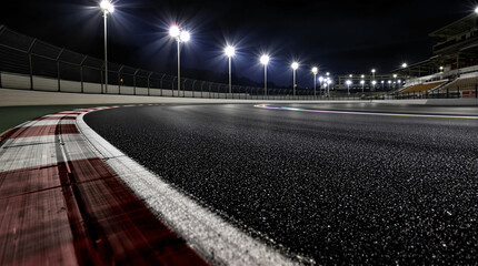 Night illuminated racing track asphalt surface turn on motion blur