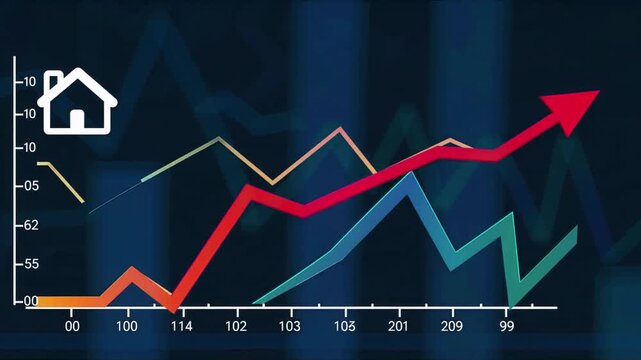 Rising real estate market chart with house icon arrow line graphs and data grid showing property value growth housing finance trend mortgage analysis forecast and investment business concept
