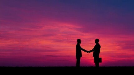 Silhouette of two male adults shaking hands against vibrant sunset sky