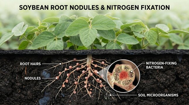 Soybean plant with root nodules and nitrogen fixing bacteria in soil