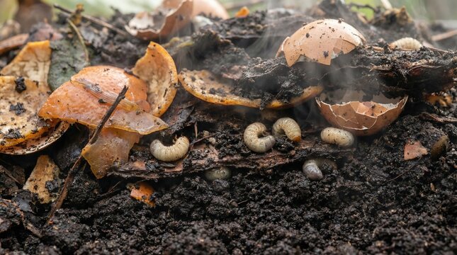 Vibrant compost pile teeming with larvae and organic waste