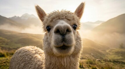 Adorable alpaca in misty mountain landscape at sunrise © Talha